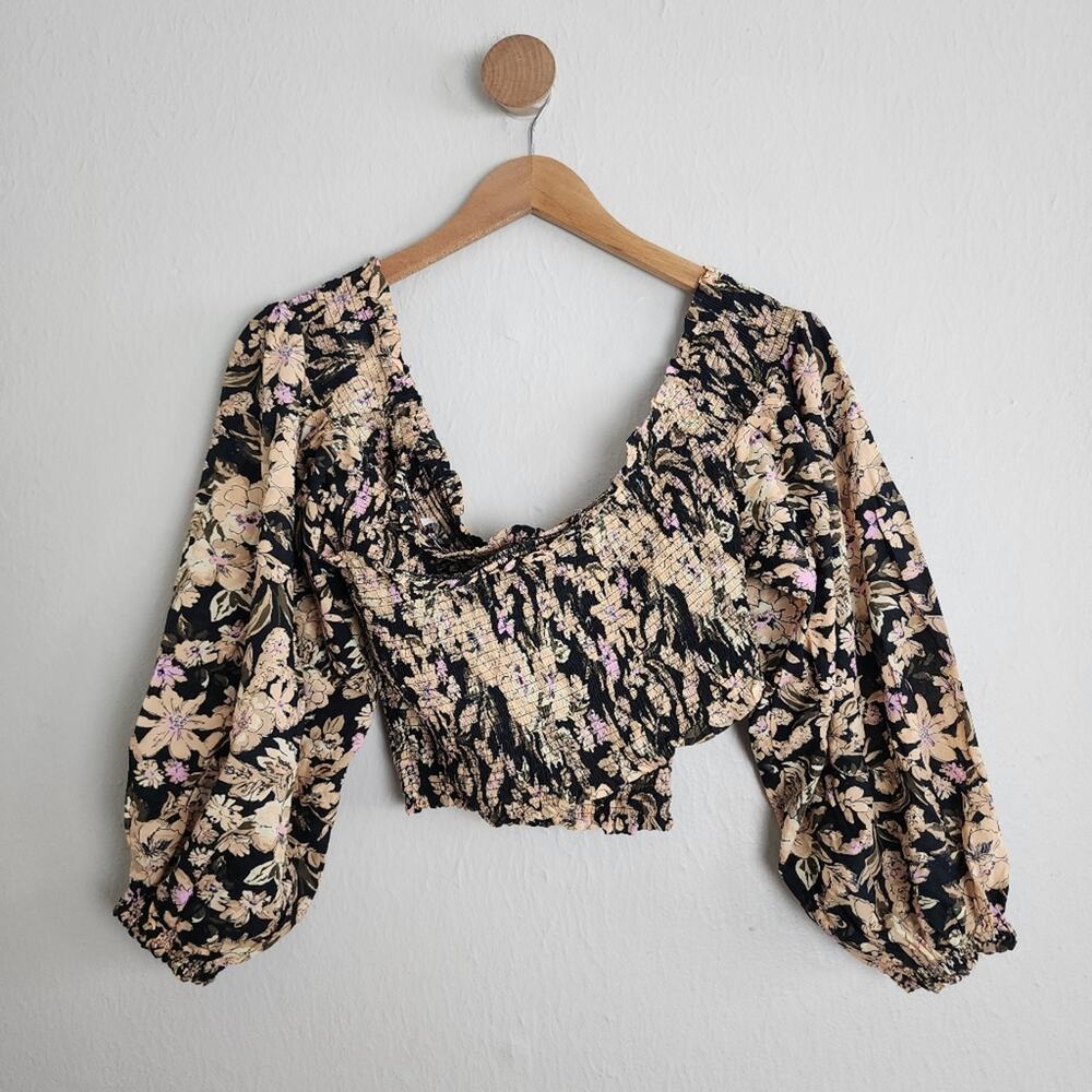 Free People East To West Smocked Off Shoulder Top Black Gold Floral Blouse M FP - Picture 14 of 14